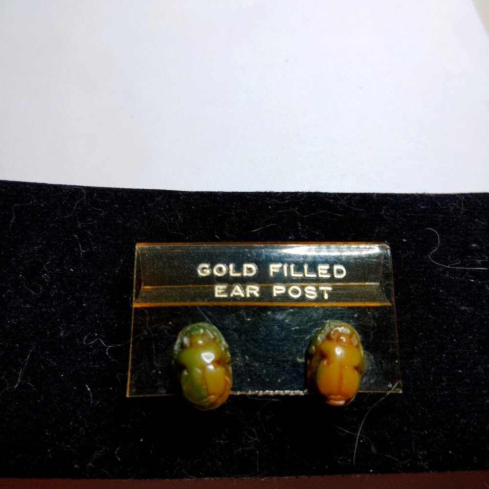 Vintage Egyptian Scarab Earrings Green Resin Gold-Filled Posts Revival Style